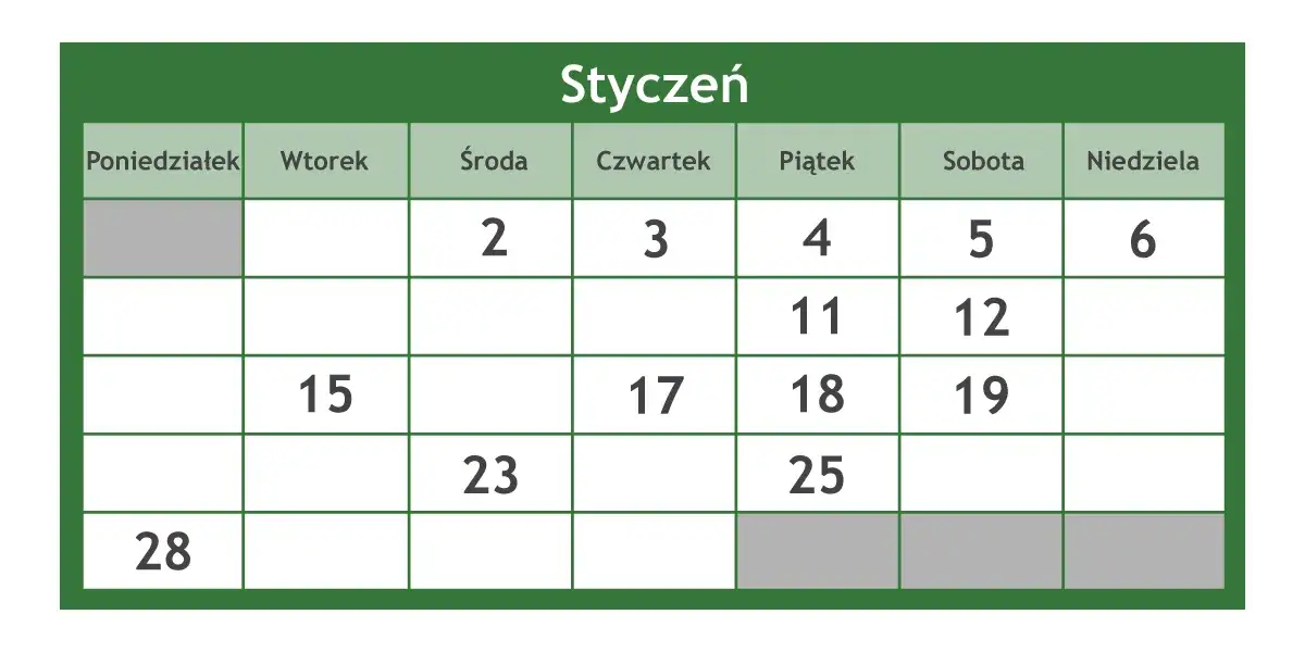 kalendarz z zaznaczoną datą 1 luty i 30 kwiecień