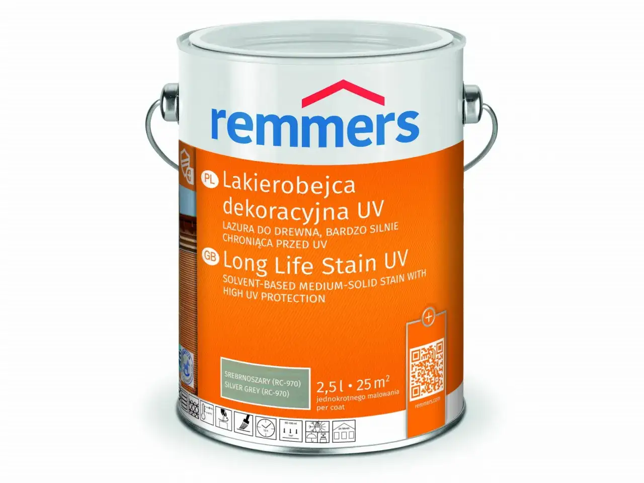 Puszka lakierobejcy Remmers Long Life Stain UV w kolorze srebrnoszarym. Informuje o wydajności i ile warstw lakierobejcy zaleca producent.