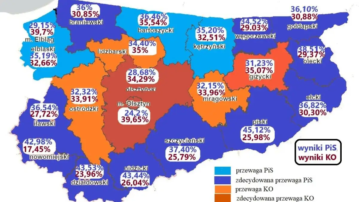 Mapa polityczna Polski z zaznaczonymi regionami poparcia dla partii prawicowych