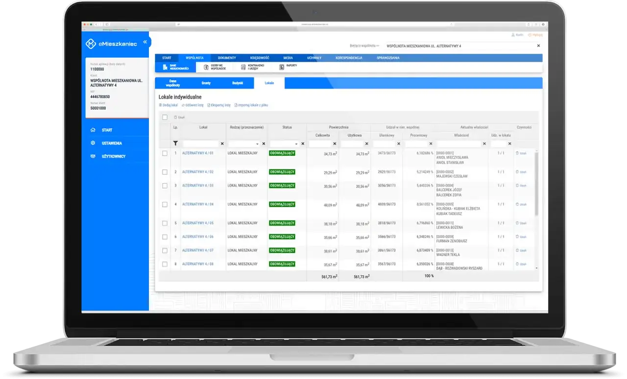 Aplikacja eMieszkaniec wyświetla listę lokali mieszkalnych z ich powierzchnią, udziałem w nieruchomości i właścicielami.