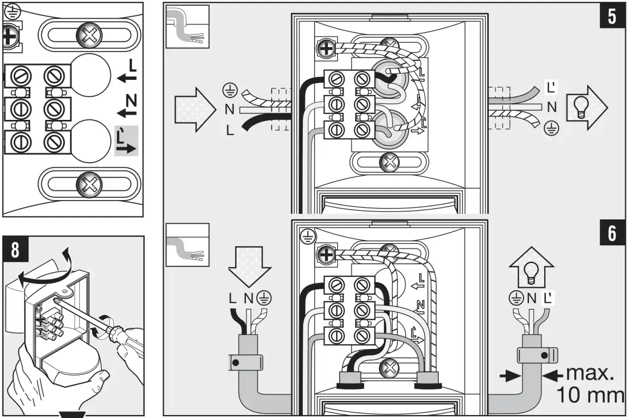 Instrukcja pokazuje, jak podłączyć czujnik ruchu i zmierzchu do lampy. Schemat przedstawia połączenia przewod&oacute;w L, N i uziemienia.