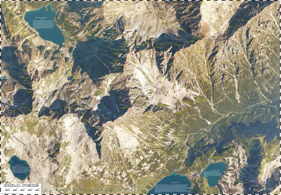 Mapa Tatr z zaznaczoną Orlą Percią, jeziorami i szlakami. Widok z lotu ptaka na skaliste granaty.