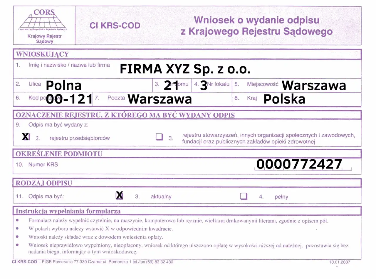 Wniosek o odpis z KRS w formie papierowej