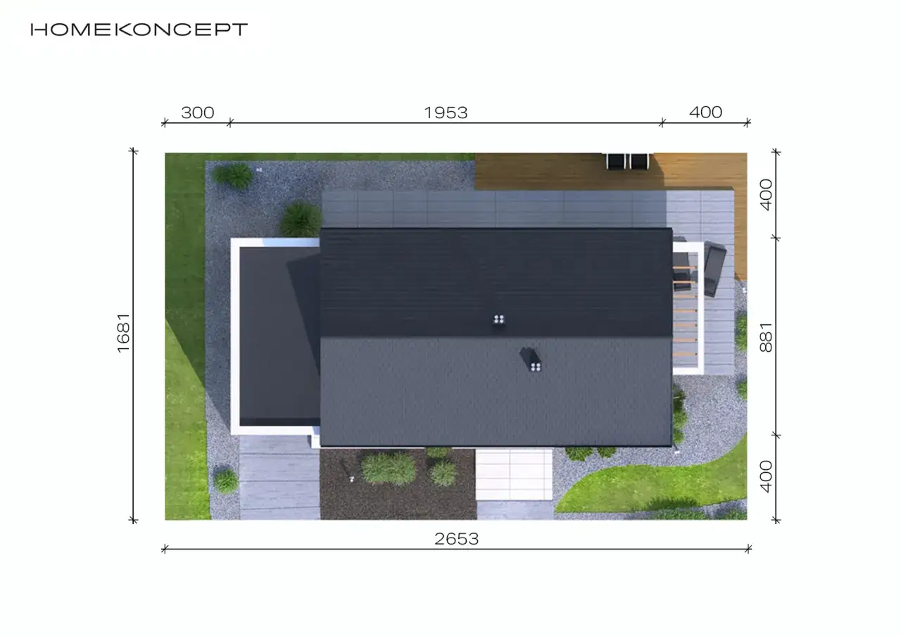 Wizualizacja projektu domu z wymiarami, pokazująca jak duża działka pod budowę domu jest potrzebna.