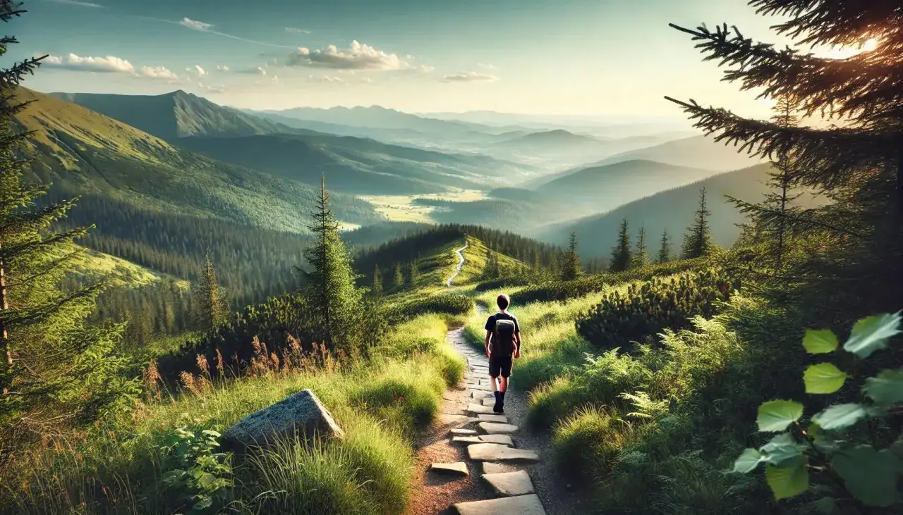 Mężczyzna z plecakiem idzie kamienistym szlakiem przez zielone góry. To prawdziwy hiking po polsku, z pięknymi widokami.