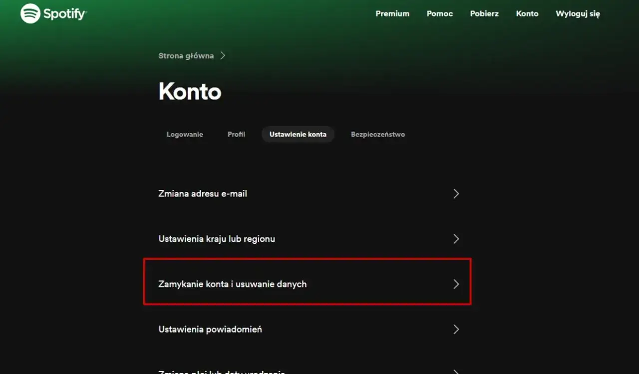 strona Spotify konto ustawienia