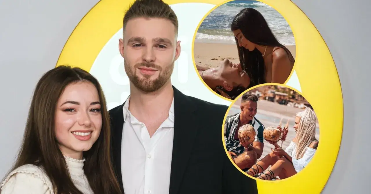 Para młodych ludzi, uczestników Hotel Paradise, na tle żółtego koła. W okręgach widać ich na plaży.