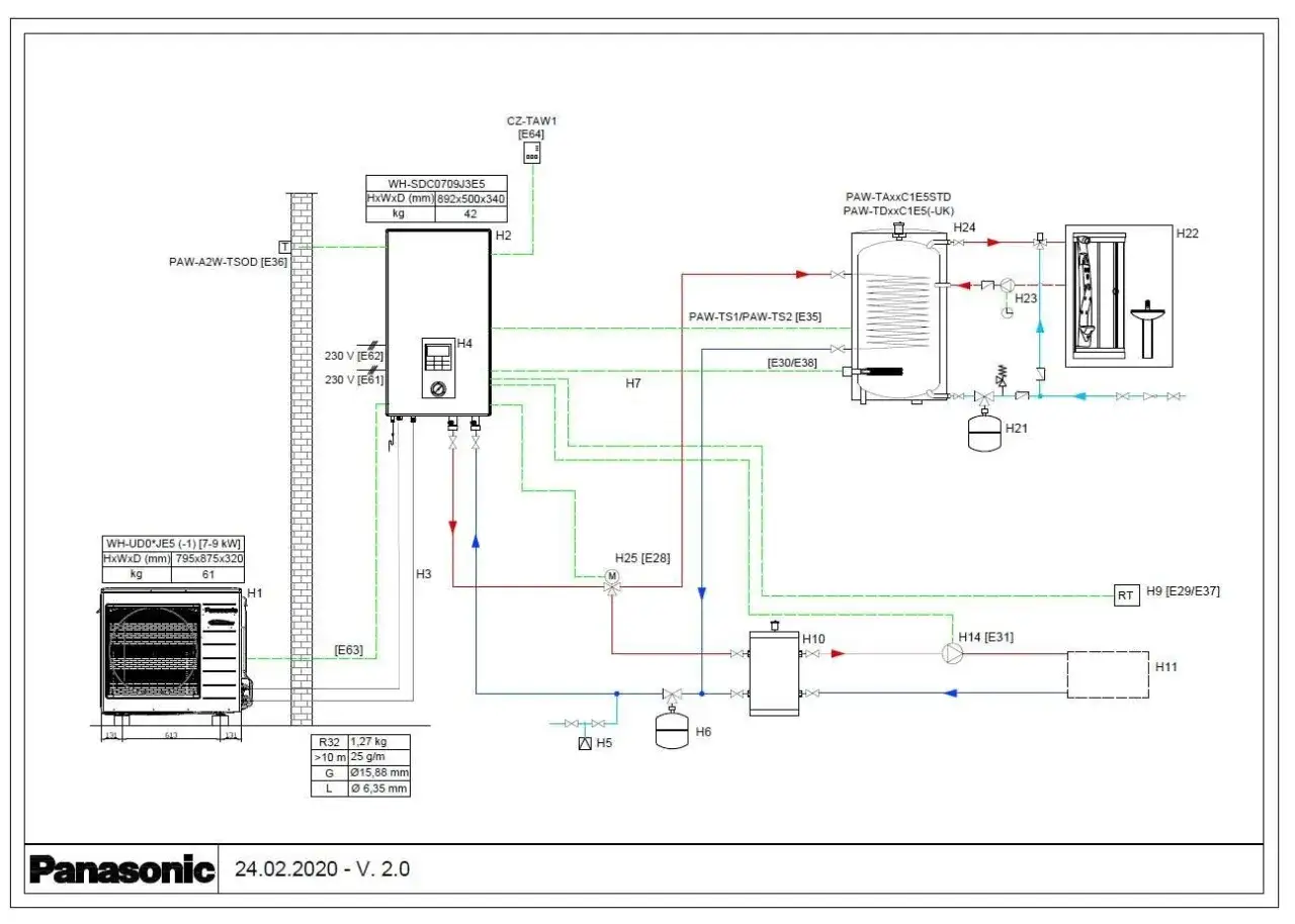 Schemat instalacji pompy ciepła Panasonic. Wskazówki jak zmniejszyć taktowanie pompy ciepła Panasonic znajdziesz analizując połączenia i oznaczenia elementów.