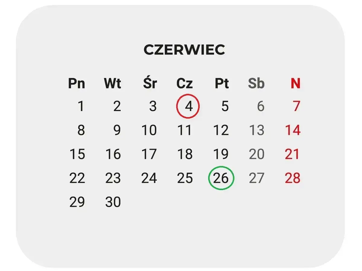 Kalendarz Czerwiec. 26 czerwca zaznaczone zielonym kółkiem. Ile dni do końca szkoły?