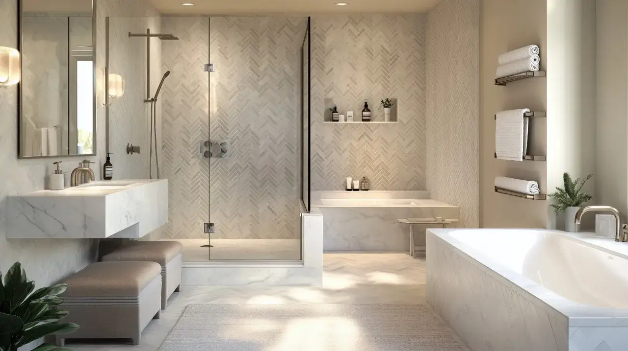 Elegancka łazienka z prysznicem i wanną, gdzie ściany i podłoga wyłożone są jasną, jodełkową glazurą.