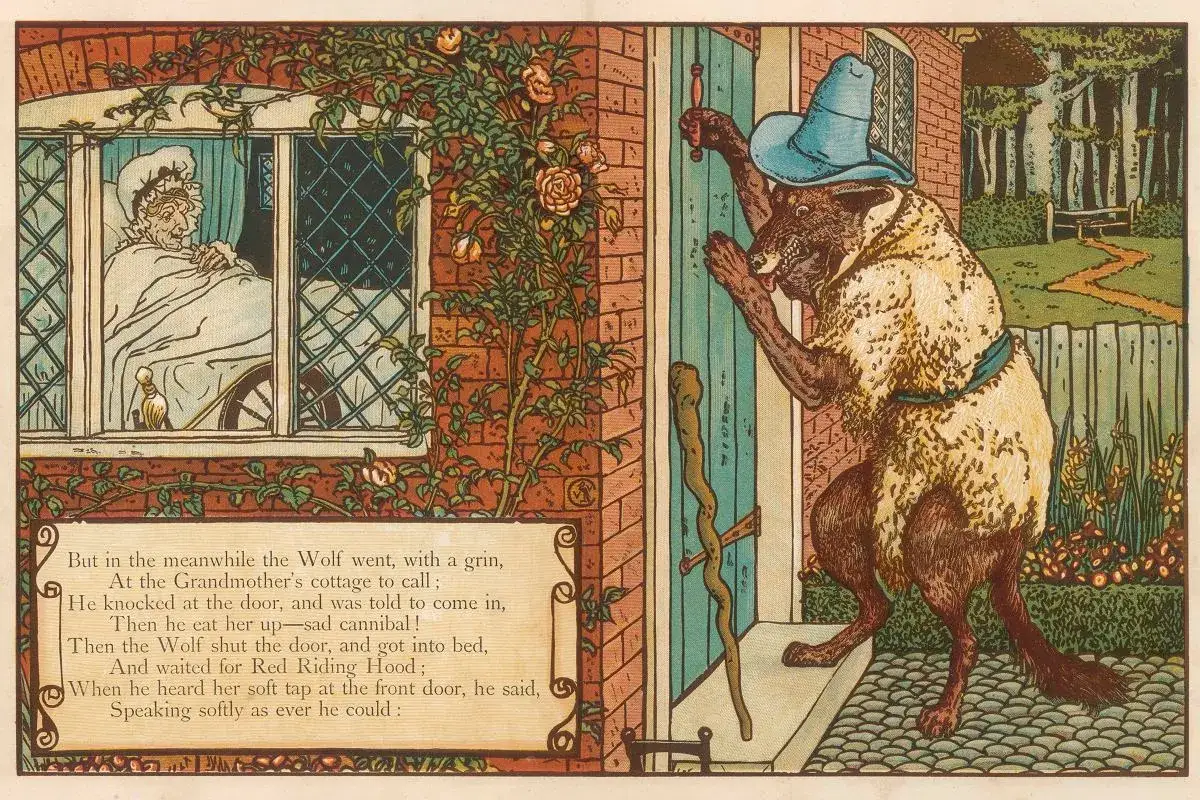 Wilk w niebieskim kapeluszu puka do drzwi chatki babci. Ilustracja nawiązuje do baśni braci Grimm, tytuły opowieści o wilku i babci.