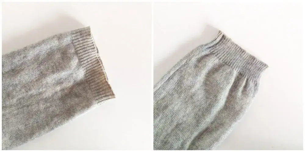 Rozciągnięty ściągacz bluzy przed i po naprawie
