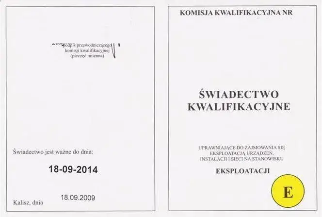 Wzór świadectwa kwalifikacyjnego elektryka