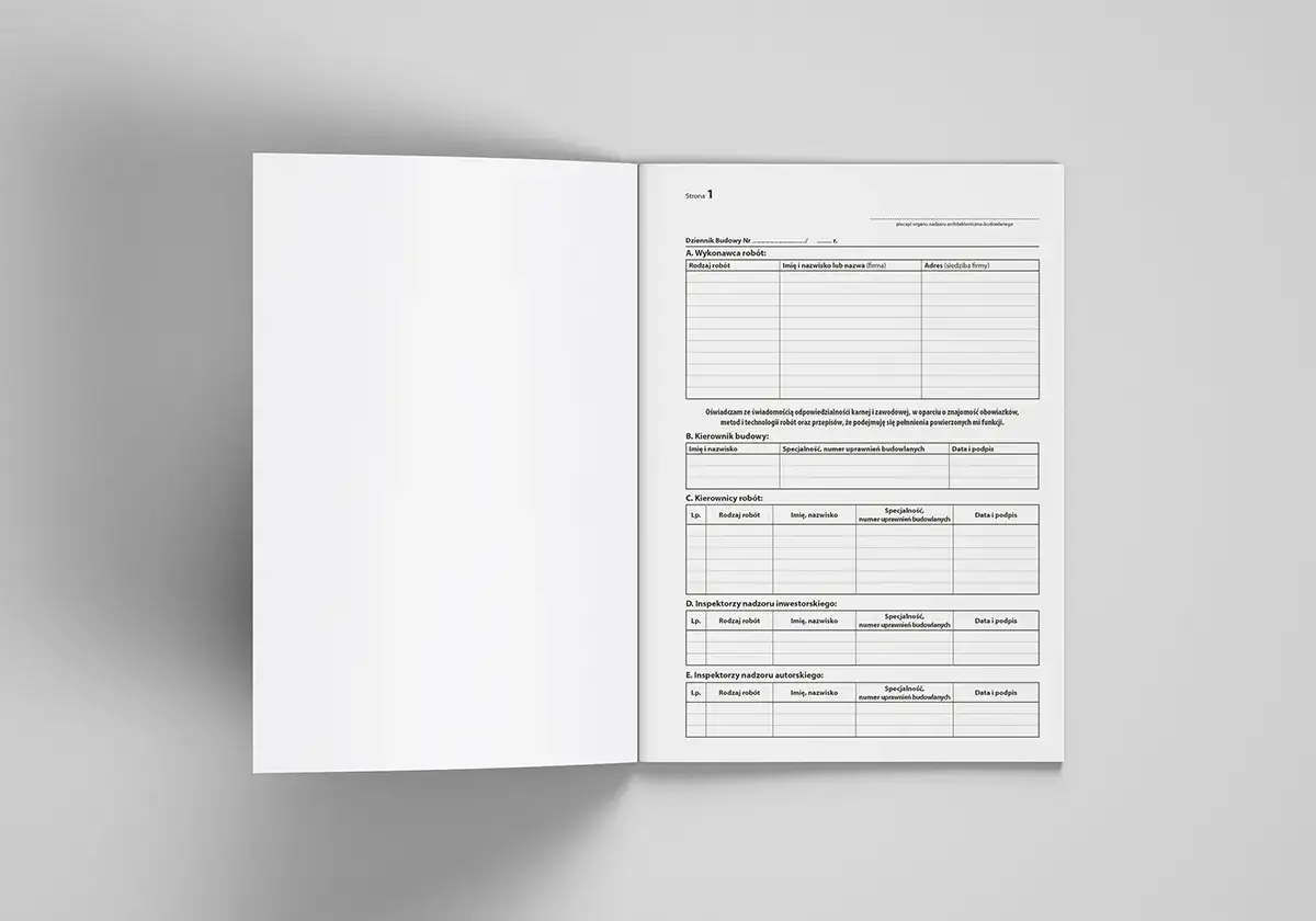 Strona 1 dziennika budowy zawiera pola do wpisania danych wykonawcy, kierownika budowy, kierowników robót, inspektorów nadzoru inwestorskiego i autorskiego. To przykładowe wpisy do dziennika budowy.