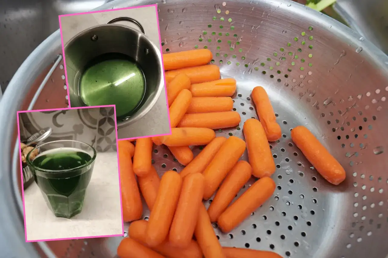 Mini marchewki w durszlaku, obok zielony napój. Jak zrobić mini marchewki mrożone?
