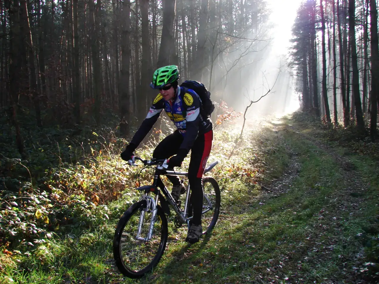 Rowerzysta w kasku jedzie leśną ścieżką, która jest częścią szlaku stu jezior. Mgła i promienie słońca tworzą magiczną atmosferę.
