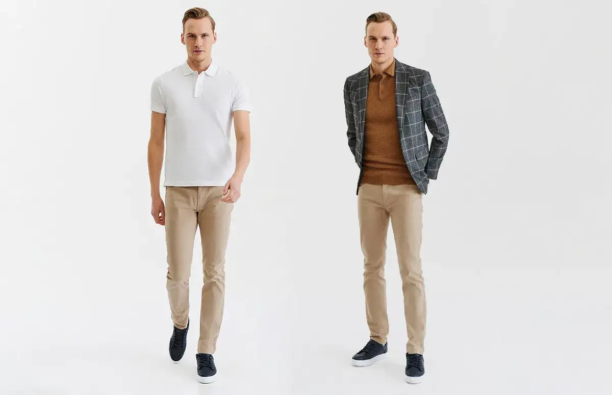 męska stylizacja beżowe spodnie koszula