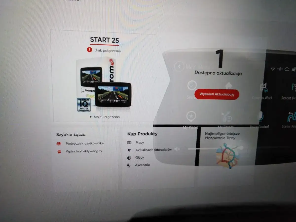 Ekran komputera pokazuje, jak zaktualizować nawigację TomTom START 25. Widoczny jest przycisk 