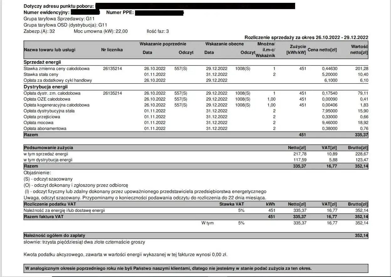 Rozliczenie sprzedaży energii i dystrybucji za okres 26.10-29.12.2022. Kwota netto 335,37 zł. To wsparcie w ramach rządowa tarcza solidarnościowa.