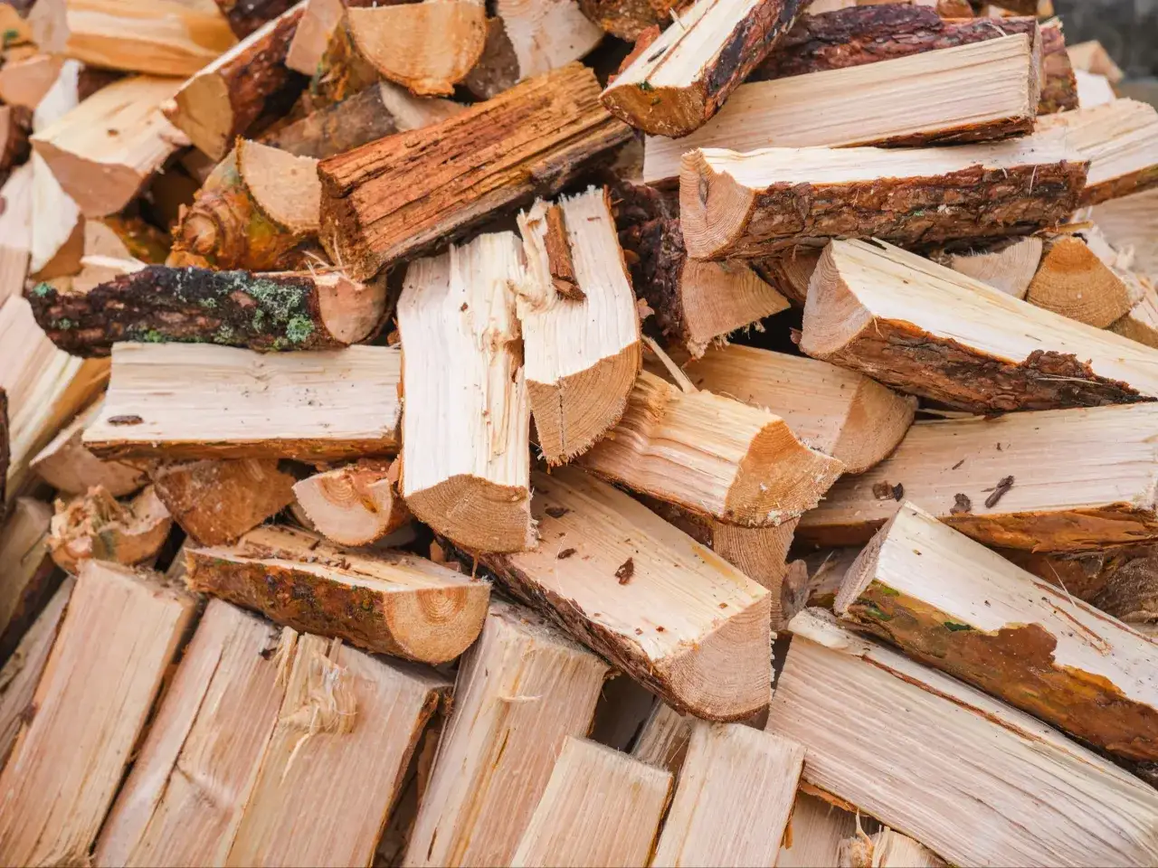 Stos drewna jesionowego do kominka, gotowy do rozpalenia ognia.