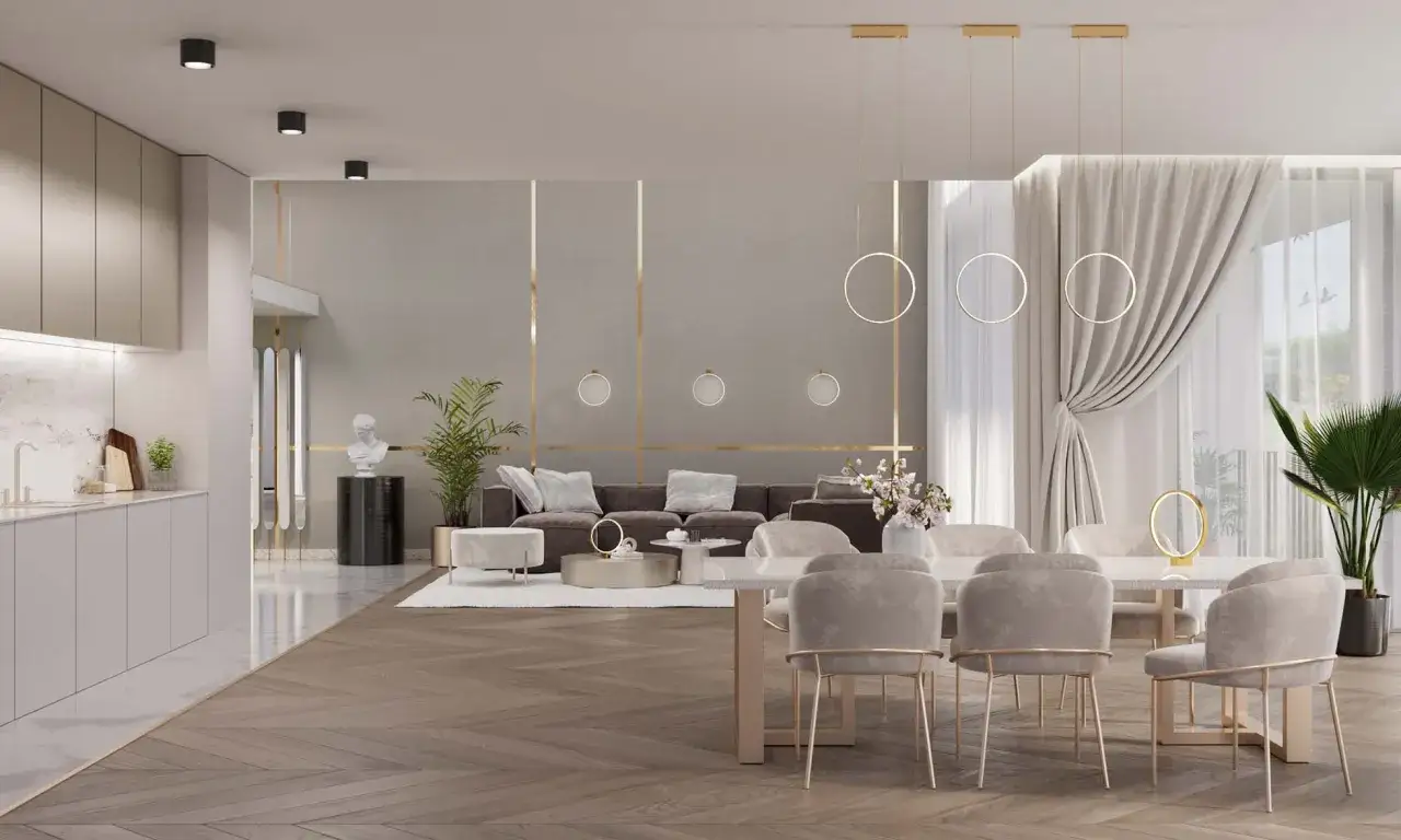 Nowoczesne oświetlenie salonu z jadalnią aranżacje: wiszące okręgi i punktowe lampy tworzą przytulną atmosferę.