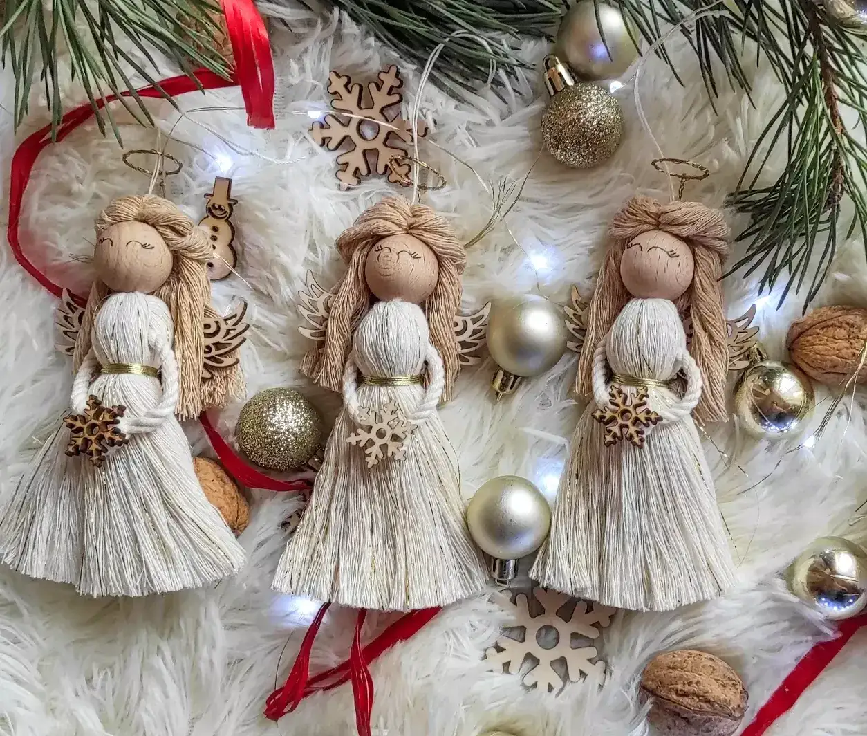 makramowe aniołki śnieżynki choinki DIY