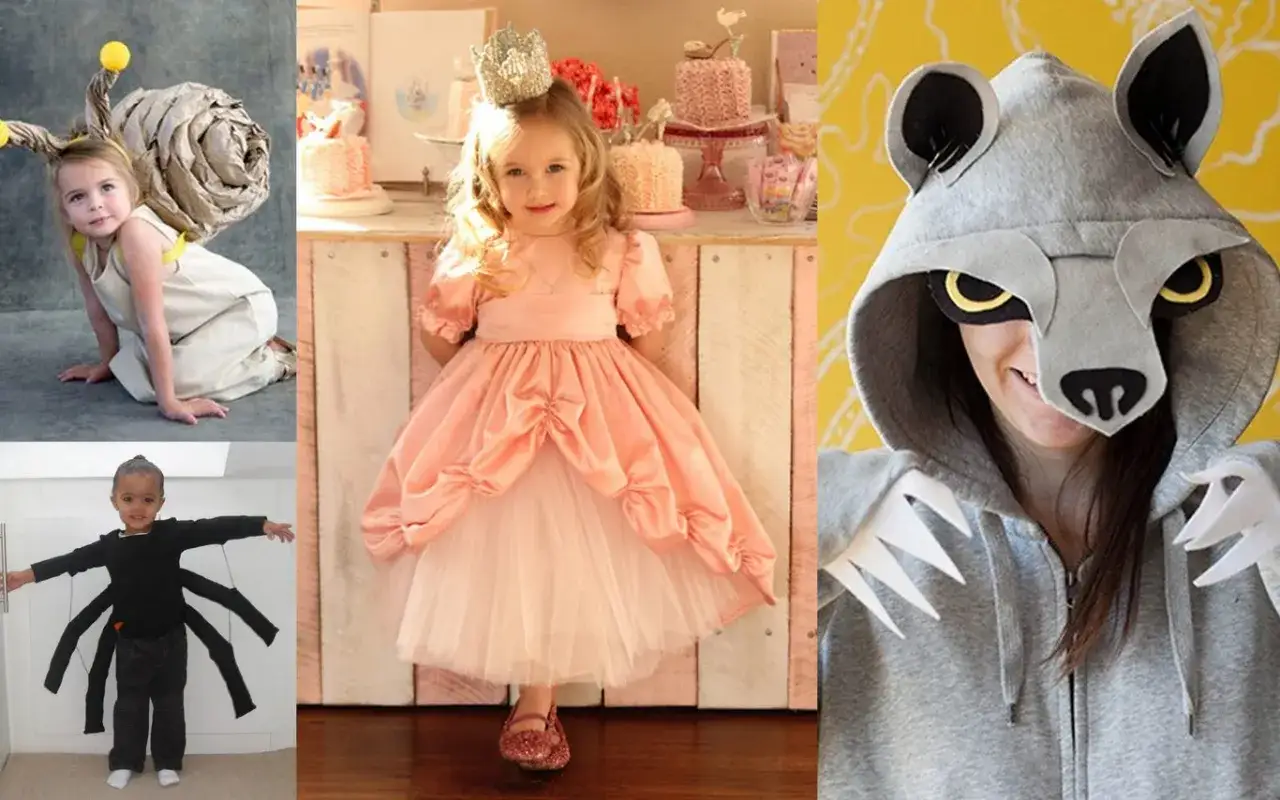 Dzieci w strojach: ślimak, księżniczka, szop. Inspiracje na Halloween, jak zrobić strój Hefajstosa.