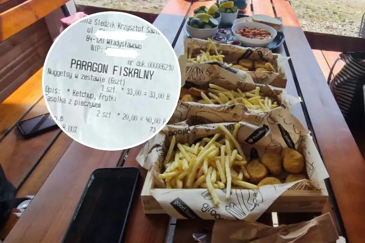 Paragon fiskalny pokazuje, ile kosztuje obiad nad morzem: nuggetsy z frytkami i fasolka z pieczywem.