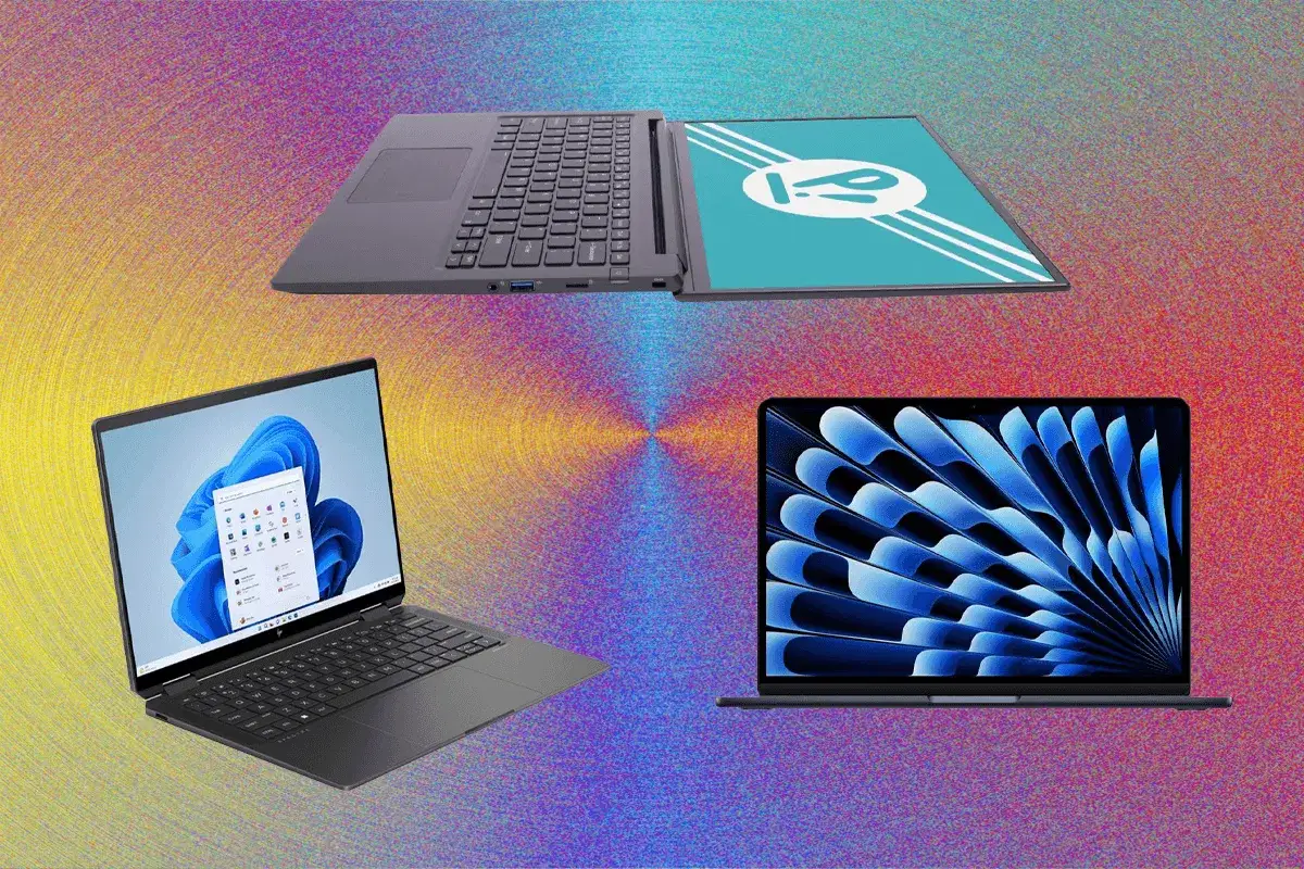 Trzy laptopy na kolorowym tle. Zastanawiasz się, jakie parametry powinien mieć dobry laptop?