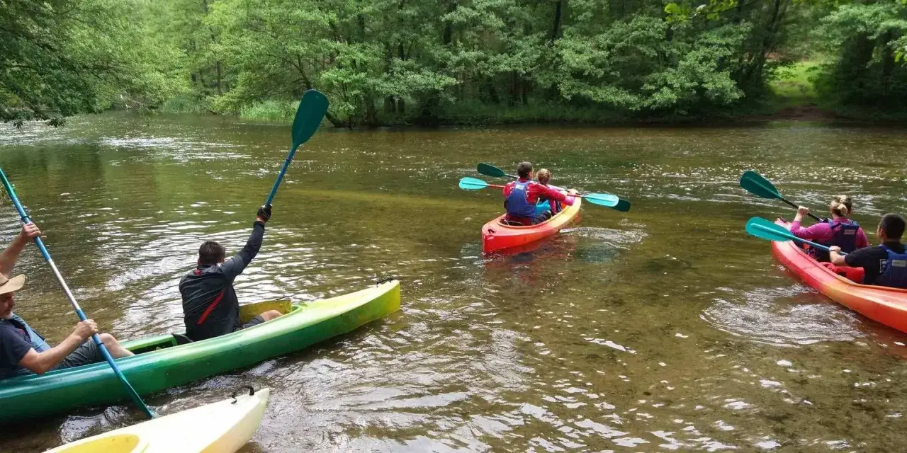Grupa osób na spływie kajakowym po spokojnej rzece, otoczonej zielonym lasem.