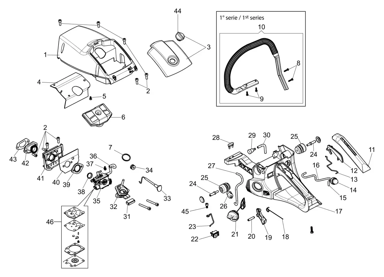 Schemat części piły spalinowej. Filtr paliwa znajduje się w pobliżu gaźnika (część 35), pod osłoną (część 40).