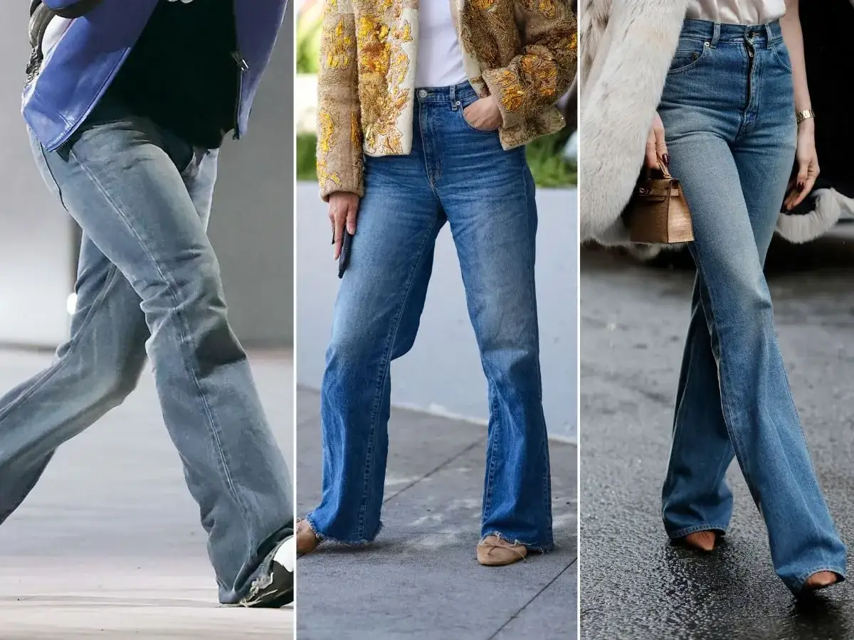 Trzy pary jeans&oacute;w bootcut, czyli lekko rozszerzanych od kolana w d&oacute;ł, prezentują r&oacute;żne stylizacje.