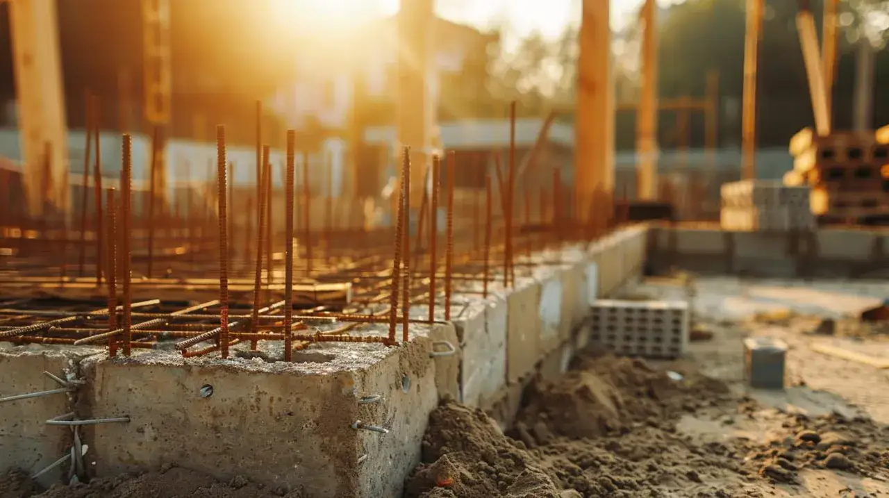 Budowa fundamentów zbrojonych prętami. Słońce zachodzi nad placem budowy, gdzie trwa przygotowanie do wylania betonu. Warto sprawdzić, ile kosztuje kubik betonu na fundamenty.