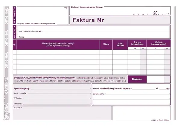 wzór faktury bez VAT ryczałt