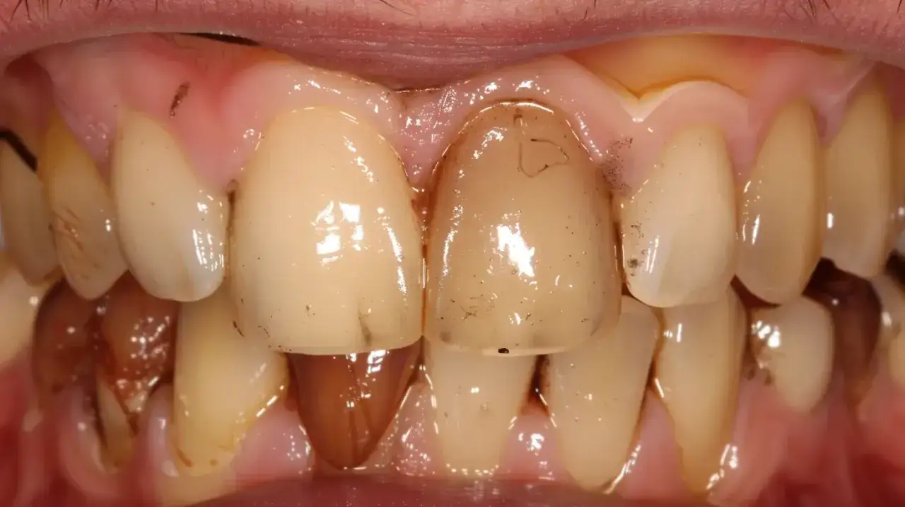 Widoczne zęby z widocznym ciemnym osadem, który pokrywa ich powierzchnię, zwłaszcza przy dziąsłach.