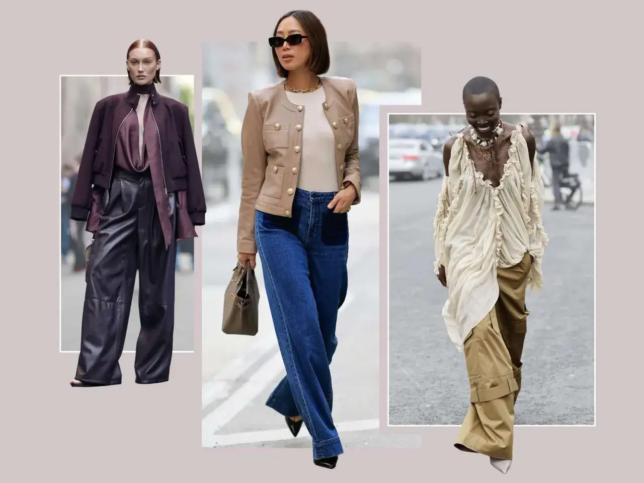 Trzy kobiety prezentują modne stylizacje. Czy szerokie spodnie są modne? Tak, widać je na każdej z nich &ndash; od sk&oacute;rzanych po jeansowe i boj&oacute;wki.