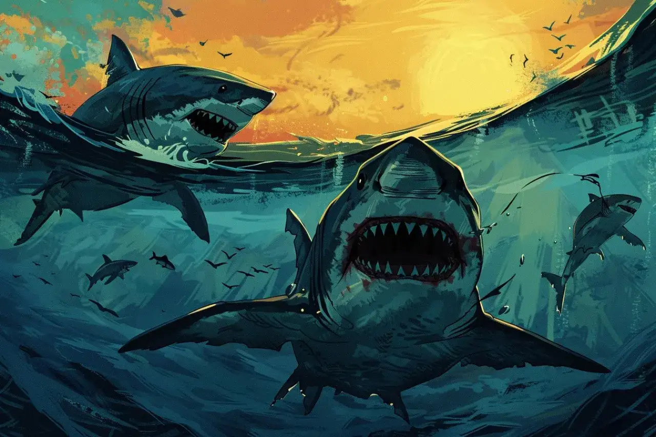 Groźne rekiny w mętnych wodach Bałtyku. Czy w polskim morzu są rekiny? Obraz sugeruje, że tak, a ich obecność budzi grozę.