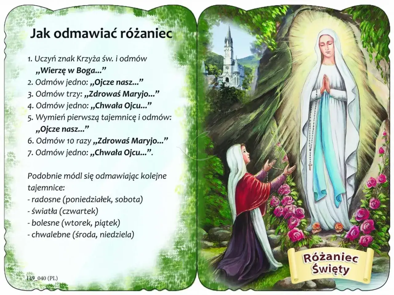 Dziewczynka klęczy przed Maryją, odmawiając różaniec. Obok lista z instrukcją, jak odmawiać różaniec, w tym różaniec tajemnice chwalebne.