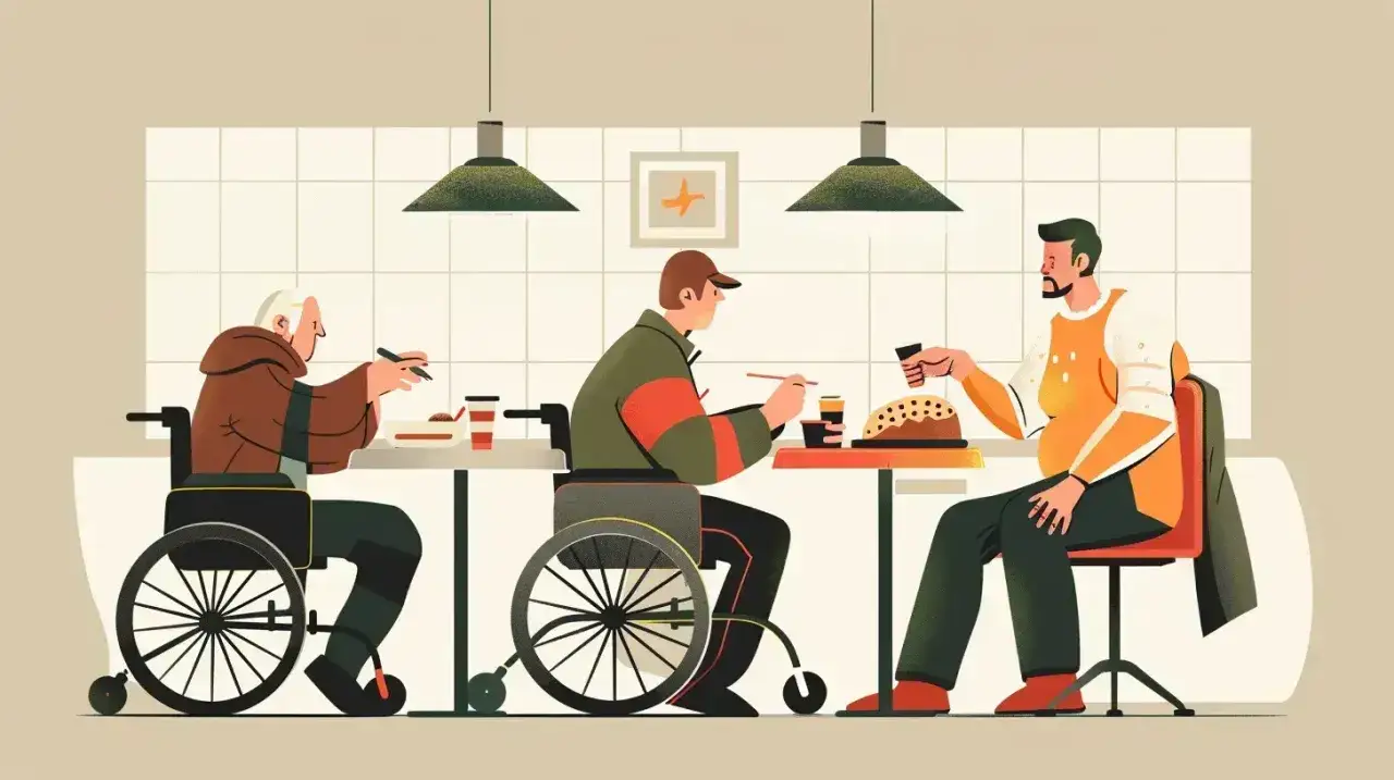 Trzech mężczyzn przy stole, dwóch na wózkach. Czy osoba niepełnosprawna może pracować w soboty i niedzielę?