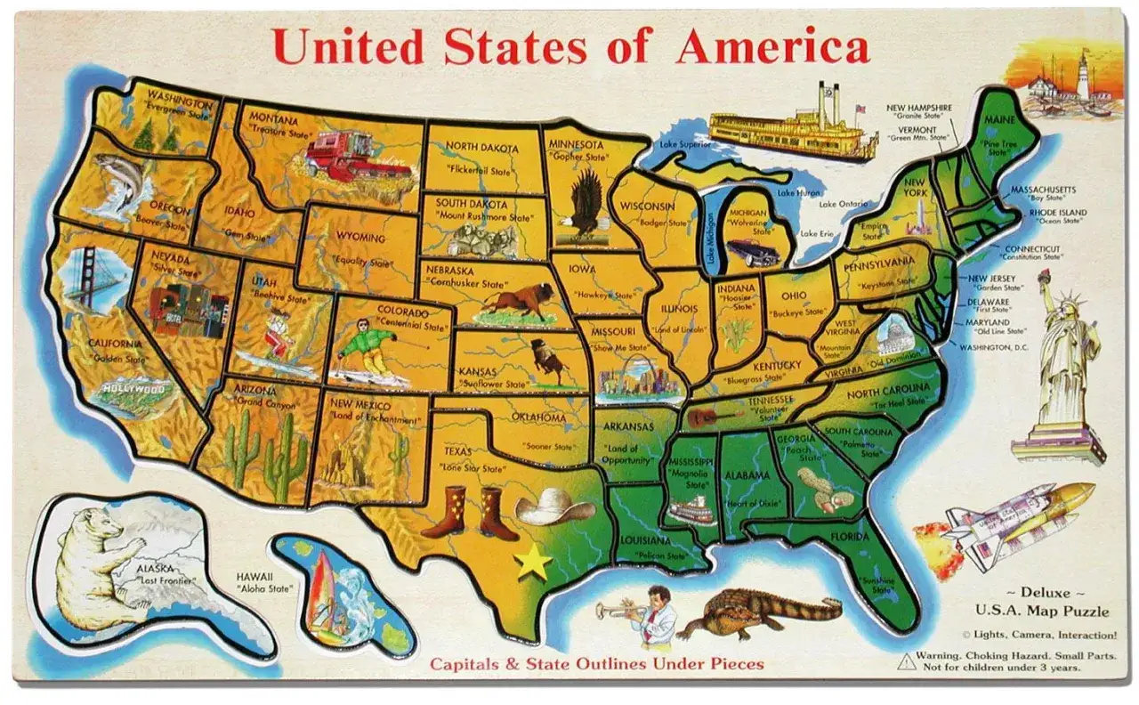 Mapa USA z zaznaczonymi popularnymi regionami turystycznymi i wybrzeżami