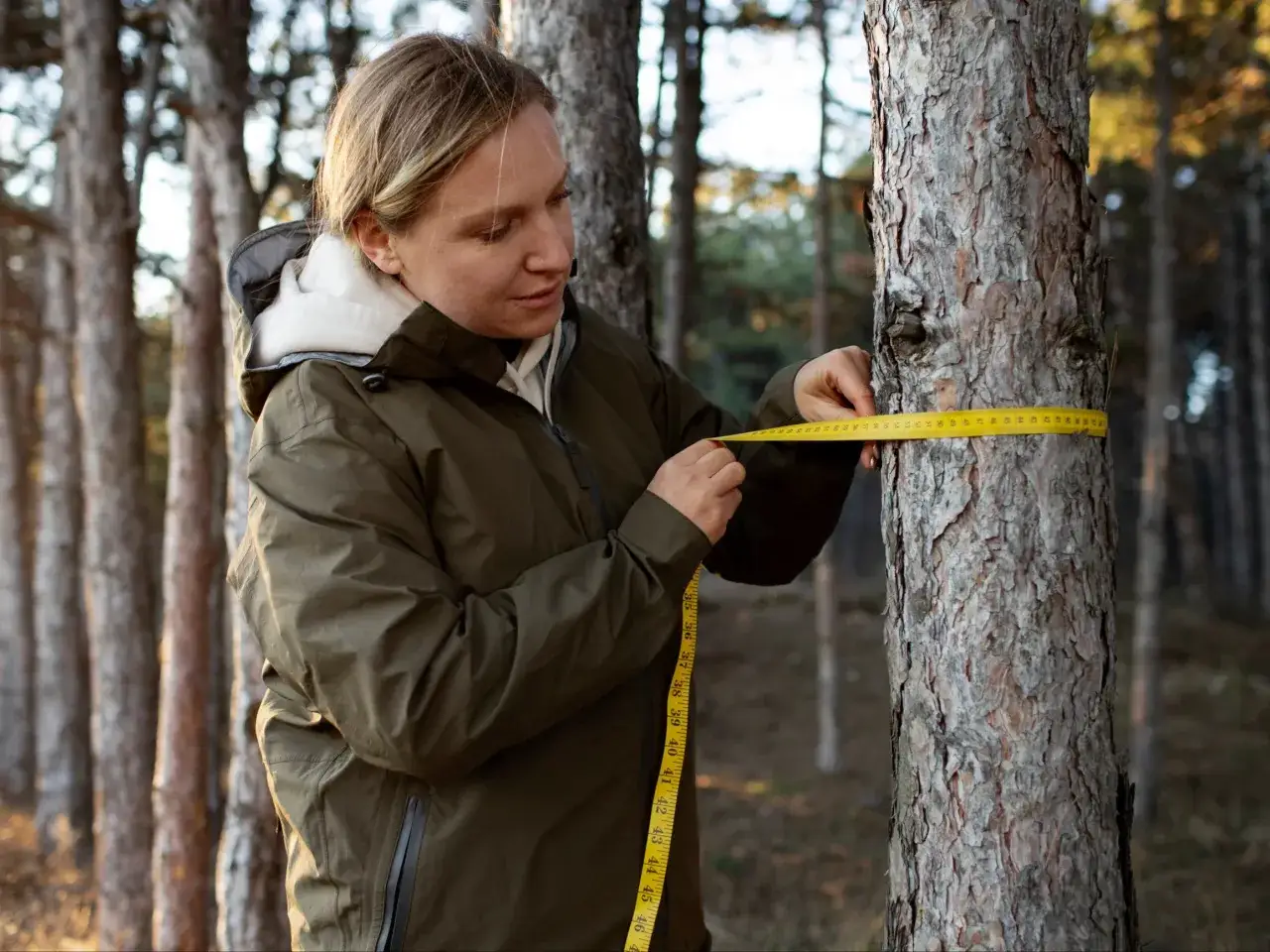 Kobieta mierzy pień drzewa taśmą. Zastanawia się, czy można wyciąć suche drzewo bez zezwolenia.