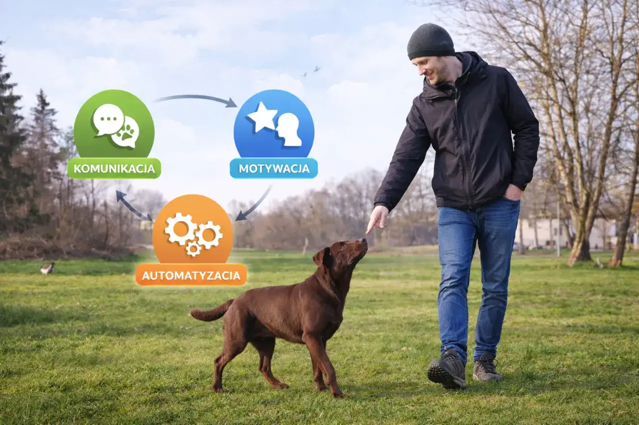 Mężczyzna ćwiczy z psem, pokazując schemat: komunikacja, motywacja, automatyzacja. Klucz do tego, jak wytresować psa w domu.