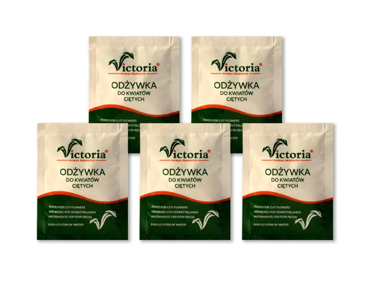 Pięć saszetek odżywki do kwiatów ciętych Victoria. Te dodatki do kwiatów ciętych zapewnią im świeżość.