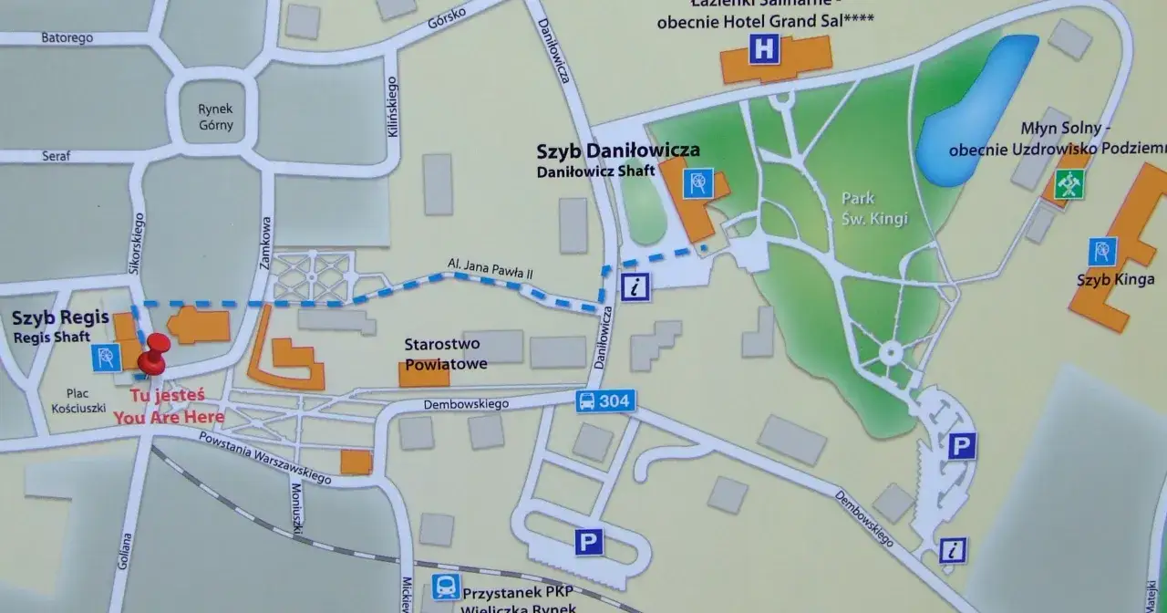 Dojście z przystanku Wieliczka Rynek-Kopalnia do Kopalni Soli mapa