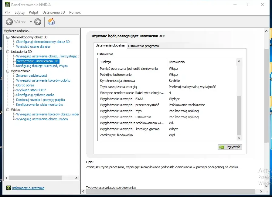 Panel sterowania NVIDIA ustawienia 3D