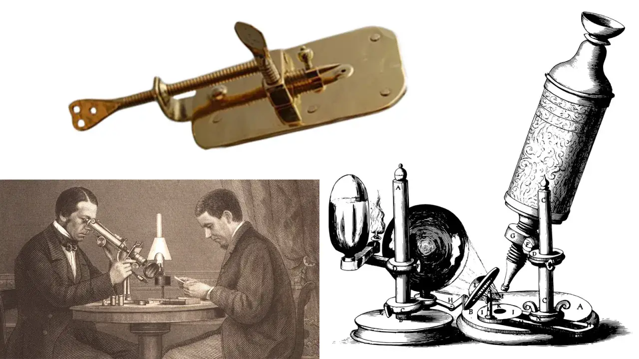 Historyczne mikroskopy i rysunki naukowców przy pracy, ukazujące moment, kiedy odkryto bakterie.