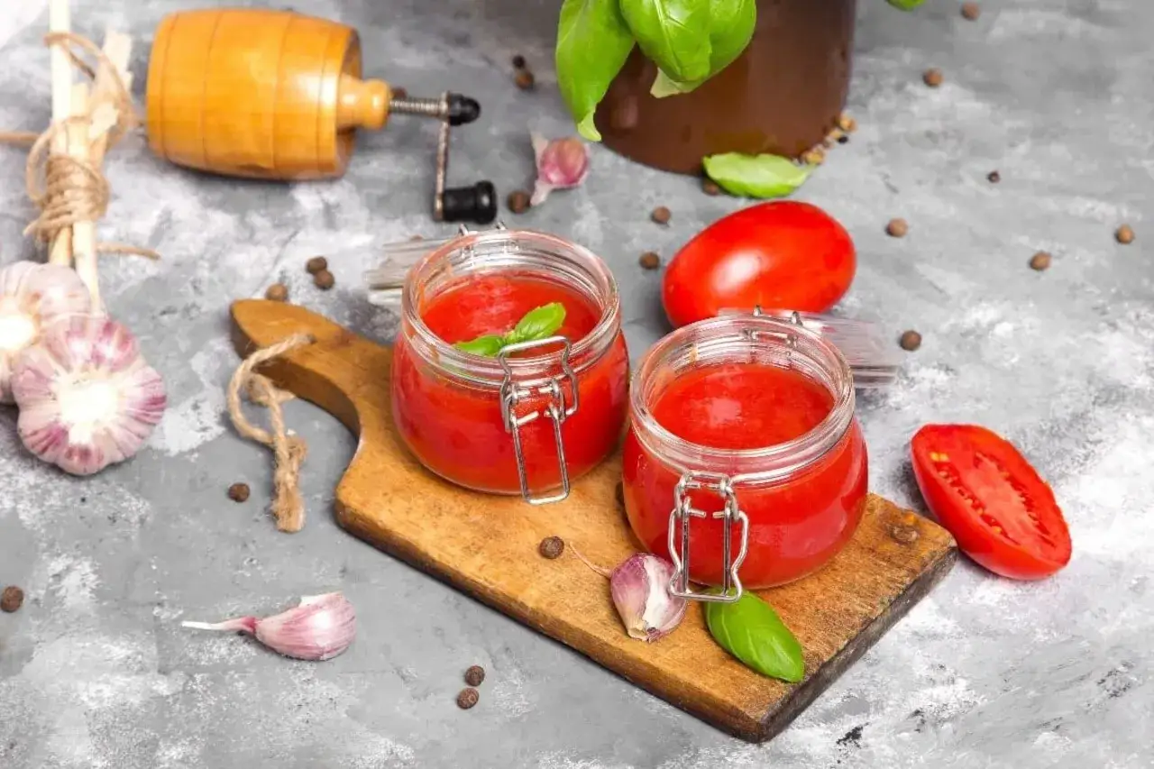 Dwa słoiczki domowego przecieru pomidorowego, czosnek, bazylia i drewniana deska.