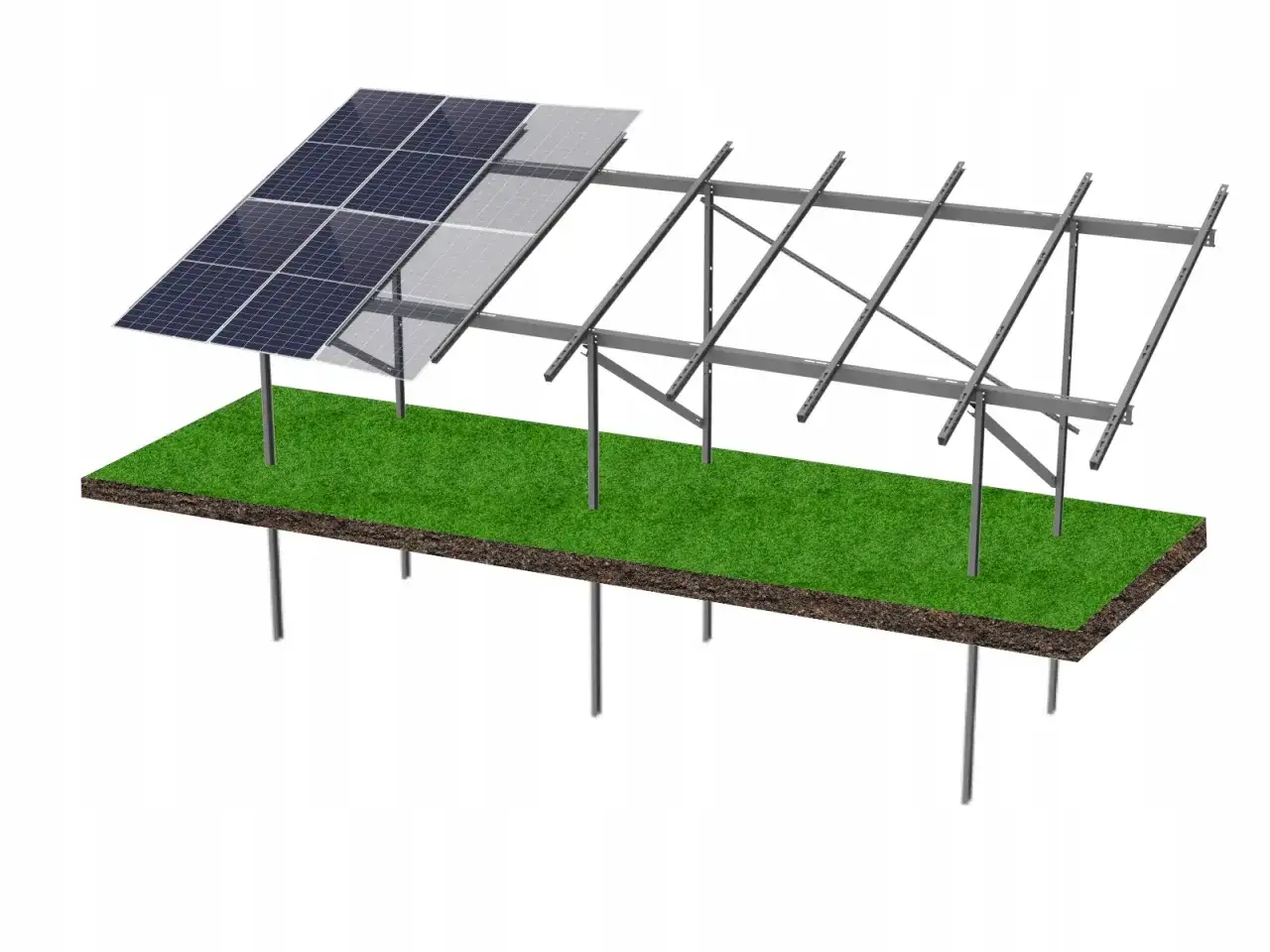 Schemat jak zrobić stelaż pod panele fotowoltaiczne: metalowa konstrukcja na palach wbitych w ziemię, z częściowo zamontowanymi panelami.