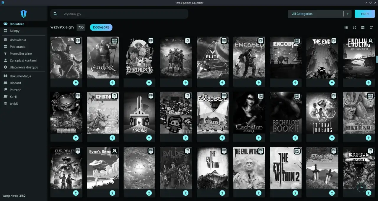 Biblioteka gier, gdzie możesz znaleźć gry i dowiedzieć się, jak pobrać grę na laptopa. Widoczne okładki gier z r&oacute;żnych sklep&oacute;w.