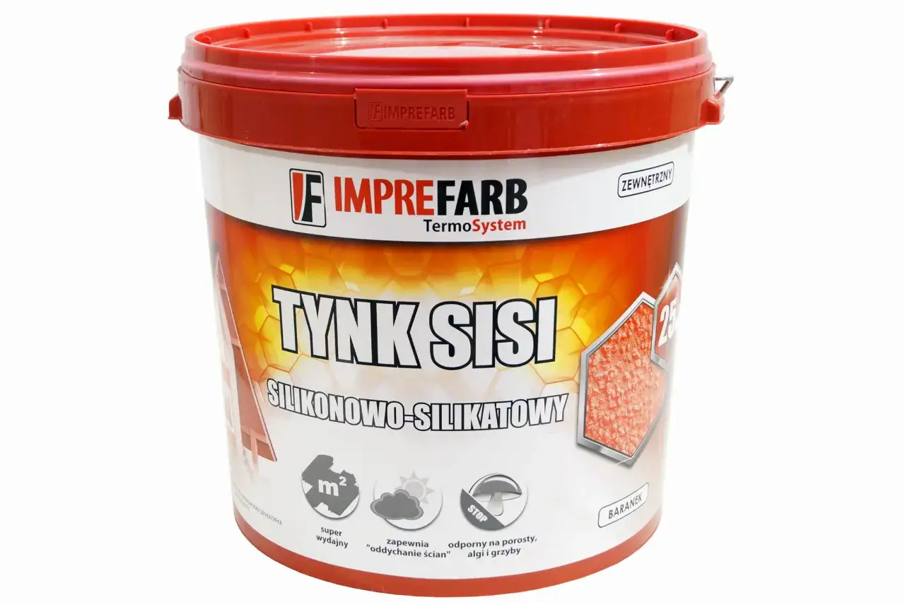 Wiadro z tynkiem silikonowo-silikatowym Imprefarb TermoSystem. Produkt zewnętrzny, odporny na porosty, algi i grzyby.
